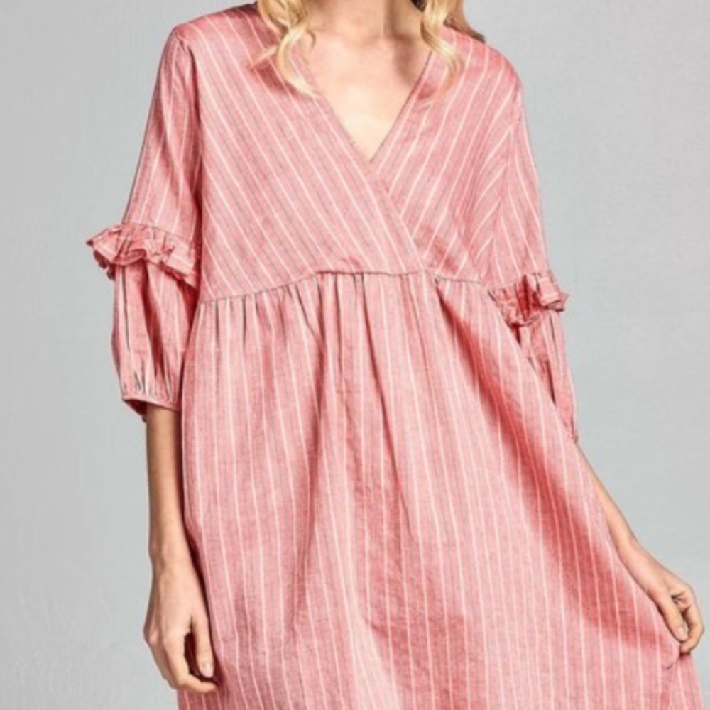 Babydoll vneck ruffle sleeves corral striped dress - Picture 6 of 6